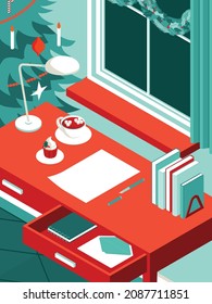 Colorful isometric Christmas illustration showing an interior with furniture and decorations. Vector illustration in flat design. Holiday season picture in red, green and white. Letter to Santa.