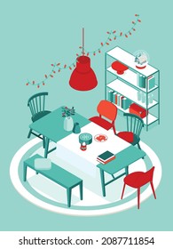 Colorful isometric Christmas illustration showing an interior with furniture and Christmas tree, decorations. Vector illustration in flat design. Holiday season picture in red, green and white. 