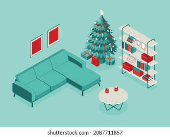 Colorful isometric Christmas illustration showing an interior with furniture and Christmas tree, decorations. Vector illustration in flat design. Holiday season picture in red, green and white. 