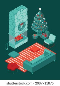 Colorful isometric Christmas illustration showing an interior with furniture, fireplace and Christmas decorations. Vector illustration in flat design. Holiday season picture in red, green and white. 