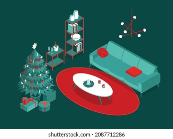 Colorful isometric Christmas illustration showing an interior with furniture and Christmas tree, decorations. Vector illustration in flat design. Holiday season picture in red, green and white. 