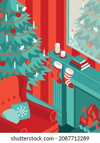 Colorful isometric Christmas illustration showing an interior with furniture, fireplace and Christmas decorations. Vector illustration in flat design. Holiday season picture in red, green and white. 