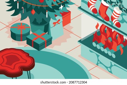 Colorful isometric Christmas illustration showing an interior with furniture, fireplace and Christmas decorations. Vector illustration in flat design. Holiday season picture in red, green and white. 