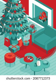 Colorful isometric Christmas illustration showing an interior with furniture, fireplace and Christmas decorations. Vector illustration in flat design. Holiday season picture in red, green and white. 