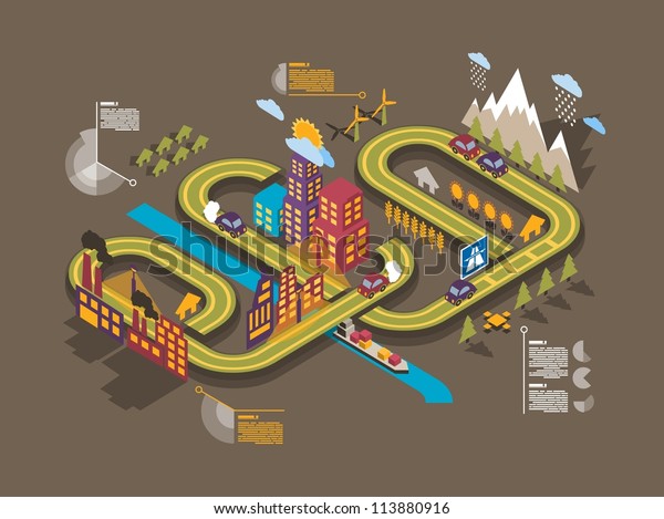 Colorful isometric city, vector background,\
ecology info graphics