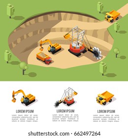 Colorful isometric coal extraction composition with quarry machine excavator heavy truck working in mining area isolated vector illustration