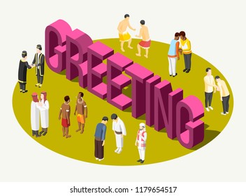 Colorful isometric composition showing how people greet each other in different countries 3d vector illustration