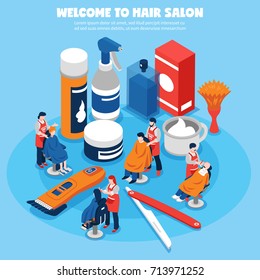 Colorful isometric concept with barbershop hairdressers their clients and equipment on blue background 3d vector illustration