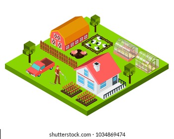 Colorful isometric concept with farmer barn cottage cattle and greenhouse 3d vector illustration