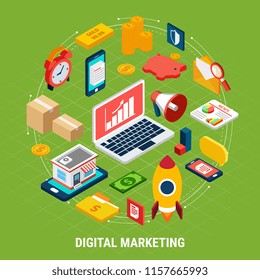 Colorful isometric concept with various digital marketing icons on green background 3d vector illustration