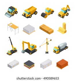 Colorful isometric construction icons set with various materials and transport isolated on white background vector illustration 