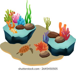 Ilustração de recife de coral isométrico colorido com criaturas marinhas