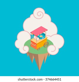 Colorful isometric cotton candy machine on the flying island 