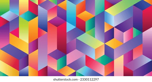 Colorful isometric cube background template copy space. Geometric 3d backdrop design. Rectangular graphic element for poster, wallpaper, banner, cover, magazine, landing page, or brochure.