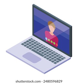 Colorful isometric design of a person on a video conference on a modern laptop