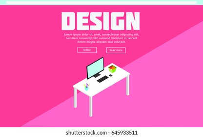 Colorful isometric designer workspace template with desktop computer stationery and fruits on pink background isolated vector illustration