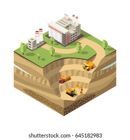 Colorful isometric diamond mining concept with extraction area heavy trucks excavator and refinery plant isolated vector illustration