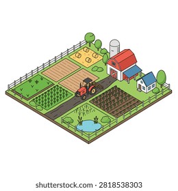 A colorful isometric farm features crops, a tractor, and buildings. A small pond and hay bales complete the pastoral setting.