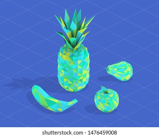 Colorful Isometric Fruit. Set of Playful Vibrant Fruits on Isolated Background. Low Poly Vector 3D Rendering
