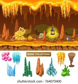 Colorful isometric game treasure cave concept with chest gold coins cup skull lantern mace natural elements vector illustration