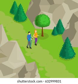 Colorful isometric hiking template with walking couple green trees and mountains vector illustration
