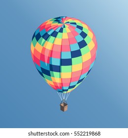 Colorful isometric hot air balloon flying in the blue sky vector illustration