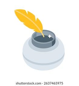 A colorful isometric icon of antique quill ink and pen
