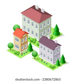 A colorful isometric icon featuring three vibrant buildings stands out amidst a green landscape with trees, flowers, and grass. Ideal for real estate or home concept designs