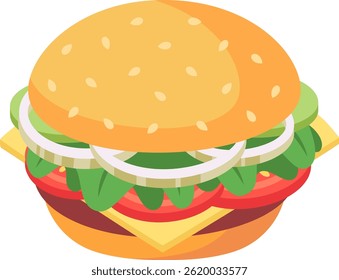 Colorful isometric illustration of a delicious hamburger with sesame bun, meat, cheese, salad, tomato and onion rings, representing fast food, snacks and unhealthy eating habits