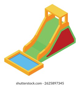 Colorful isometric illustration featuring an inflatable water slide leading to a small pool, perfect for summer fun and recreation concepts