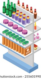 Colorful isometric illustration featuring a supermarket shelf filled with a variety of products, including beverages, canned goods, cosmetics, and packaged foods