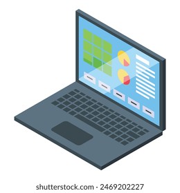 Colorful isometric illustration of a laptop displaying charts and data analysis on screen