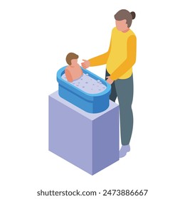 Colorful isometric illustration of a mother gently bathing her infant in a baby tub