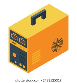 Colorful isometric illustration of portable generator for emergency power supply and backup electric energy in vibrant yellow, depicting modern technology and industrial design