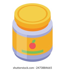 Colorful isometric illustration of a sealed baby food jar with a fruit label