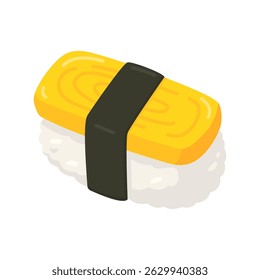 Ilustração isométrica colorida do sushi tamago, com ovo, arroz e algas marinhas, isolada em um fundo branco.