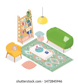 Colorful isometric living room on white. Vector illustration in flat design, isolated.