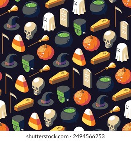 Colorful Isometric pattern of Halloween isometric icons on dark background