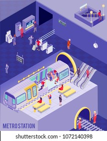 Colorful isometric poster with people at underground metro station 3d vector illustration