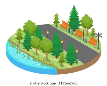 Colorful isometric round map location with park and strolling walkway with pond and trees.