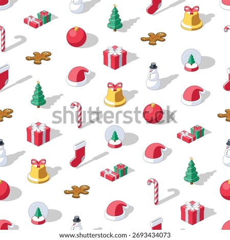 Colorful isometric seamless pattern of Christmas related icons on transparent background