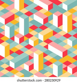 Colorful Isometric Seamless Pattern. Random Puzzle Vector Background. Geometric Graphic Pixel Lego Blocks.