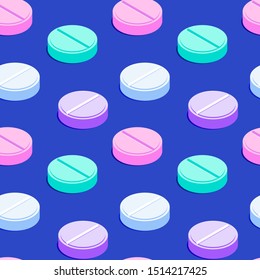 Colorful isometric seamless pattern with various tablets on a blue background. Vibrant texture