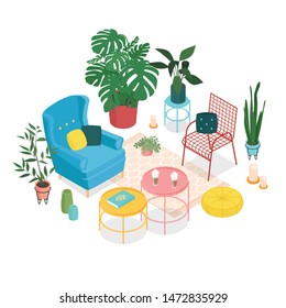 Colorful isometric sun room on white. Vector illustration in flat design.