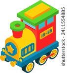 Colorful isometric toy train with a number 15-85 on the side. Bright yellow, red, green locomotive for children's play. Kids toy vehicle illustration.