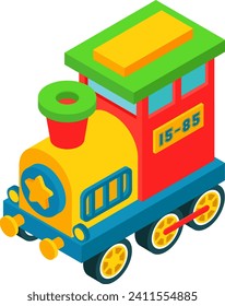 Colorful isometric toy train with a number 15-85 on the side. Bright yellow, red, green locomotive for children's play. Kids toy vehicle illustration.