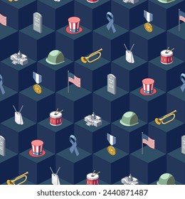 Colorful isometric US memorial day on blue geometric background