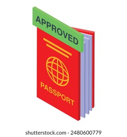Colorful isometric vector illustration of approved passport stamp for travel document authorization. Official immigration identity. Featuring red and green approval seal for border control