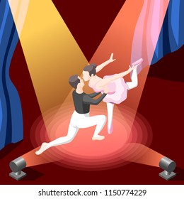 Colorful isometric vector illustration of couple dancing ballet on stage illuminated by spotlights  