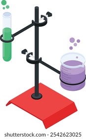 Una colorida Ilustración vectorial isométrica de una instalación de laboratorio con un tubo de ensayo verde y un vaso de precipitados púrpura, ambos unidos a un soporte sobre una base roja.